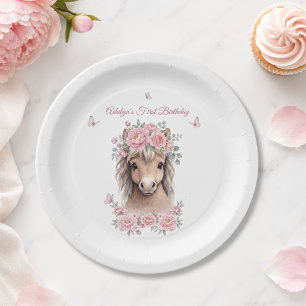 Assiettes En Carton Fille Mignonne Cheval Floral Rose Premier Annivers