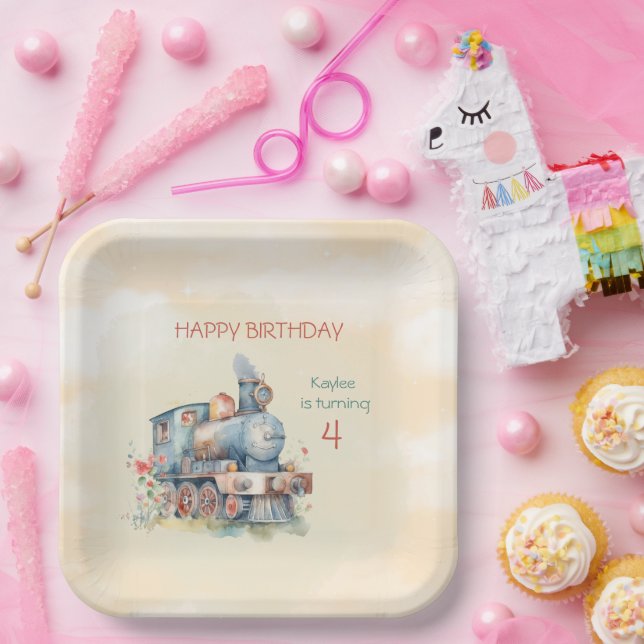 Assiettes En Carton Fille moteur de train 4e anniversaire (Fête)