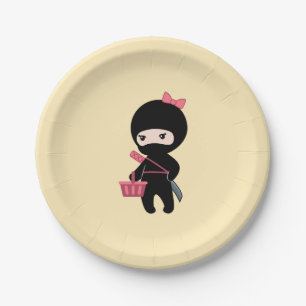 Assiettes En Carton Fille Ninja de Shopping sur Fond Jaune