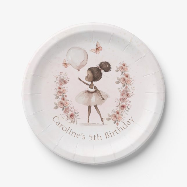 Assiettes En Carton Fille noire Ballerina Plaques de papier d'annivers (Devant)