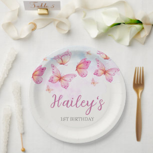 Assiettes En Carton Fille Papillon Aquarelle Élégante 1er Anniversaire