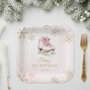Assiettes En Carton Fille patinant à glace rose Anniversaire Flocons d