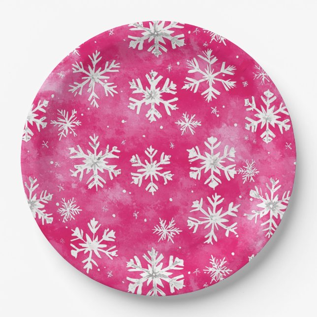 Assiettes En Carton Fille Pink Silver Glam Snowflakes Noël (Devant)