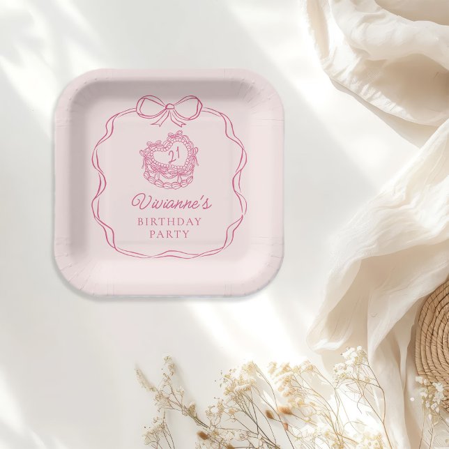Assiettes En Carton Fille rose Bow à main moderne Anniversaire (Créateur téléchargé)