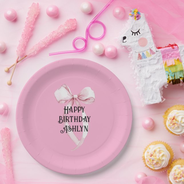 Assiettes En Carton Fille rose Bow Anniversaire (Fête)