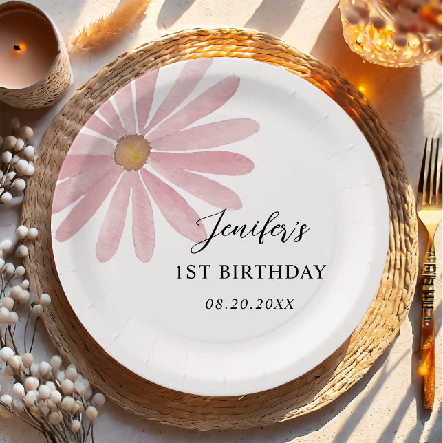 Assiettes En Carton Fille rose Daisy Première fête d'anniversaire (Créateur téléchargé)