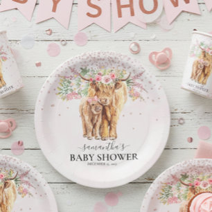 Assiettes En Carton Fille rose Floral Highland Vache Baby shower de ve