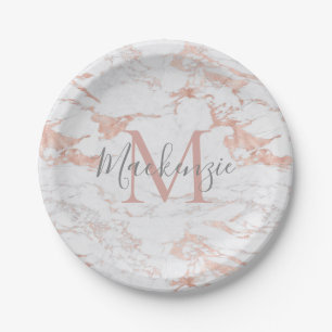 Assiettes En Carton Fille Rose Gold Foil Monogramme de marbre