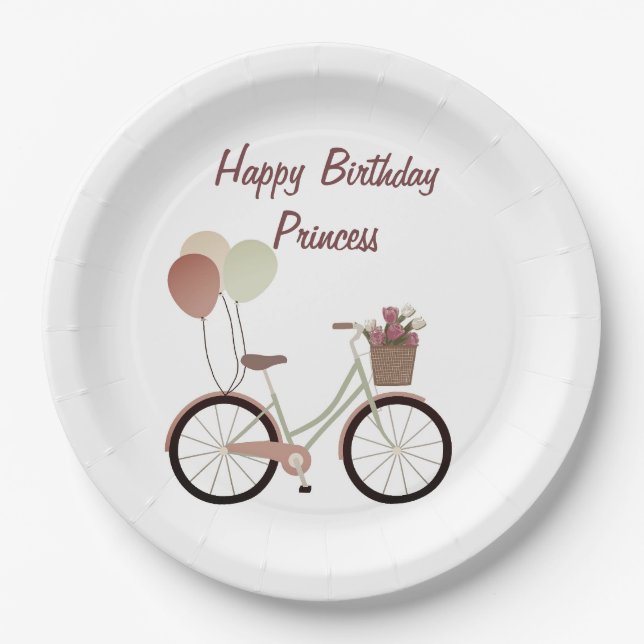 Assiettes En Carton Fille Rose Joyeux Anniversaire Princesse Vélo Ball (Devant)