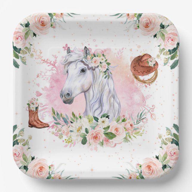 Assiettes En Carton Fille rose pâle Fille Cheval fête d'anniversaire (Recto)
