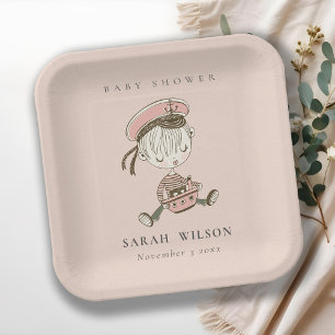 Assiettes En Carton Fille rose rousse Petit Baby shower marin Nautique