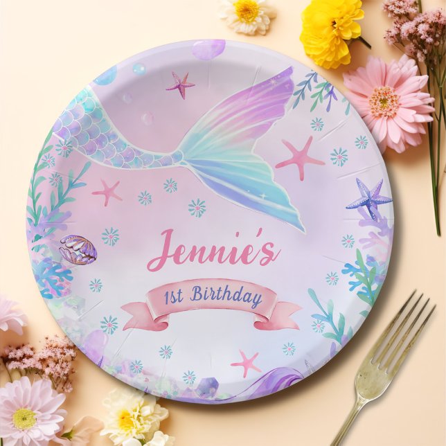 Assiettes En Carton Fille Sirène 1ère fête d'anniversaire (Créateur téléchargé)