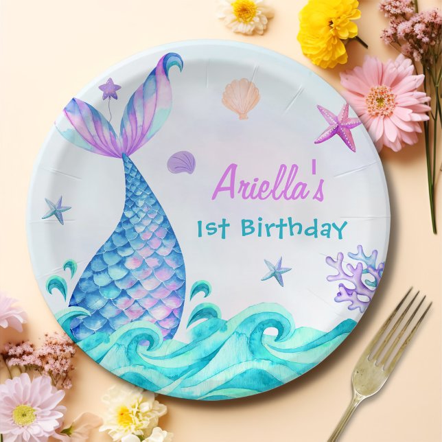 Assiettes En Carton Fille Sirène 1ère fête d'anniversaire (Créateur téléchargé)