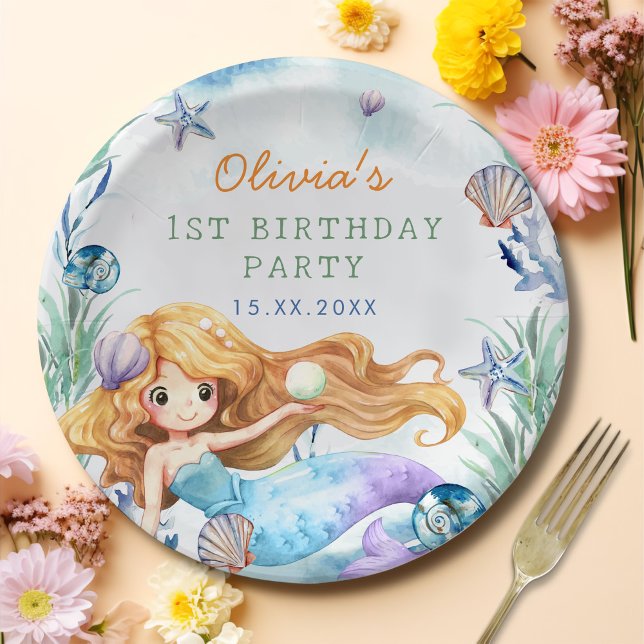 Assiettes En Carton Fille Sirène 1ère fête d'anniversaire (Créateur téléchargé)