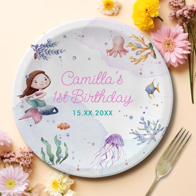 Assiettes En Carton Fille Sirène 1ère fête d'anniversaire (Créateur téléchargé)