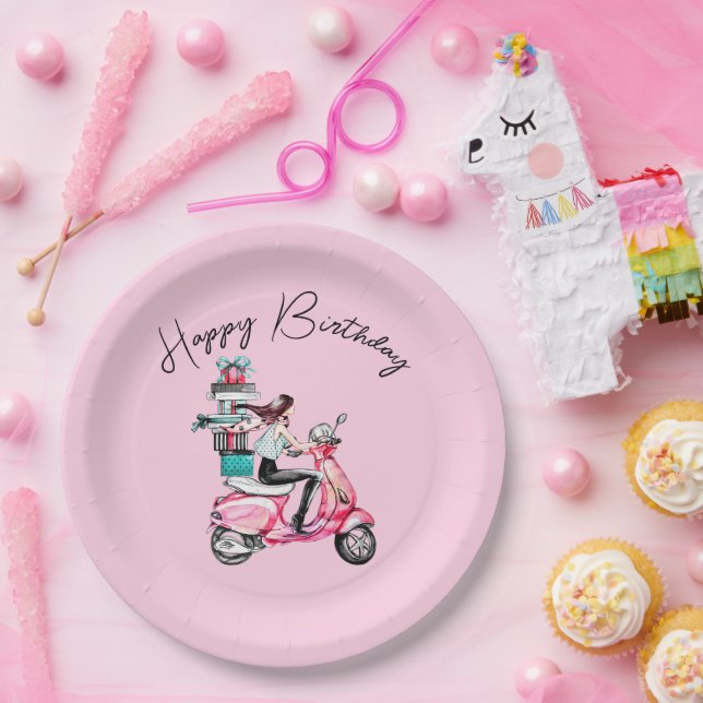 Assiettes En Carton Fille sur scooter Joyeux anniversaire (Fête)