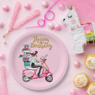 Assiettes En Carton Fille sur scooter transportant Présents