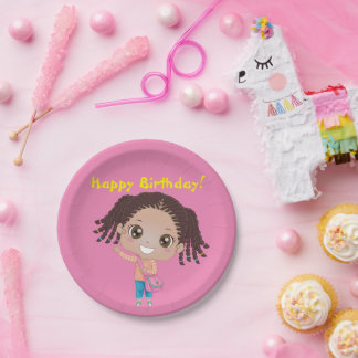 Assiettes En Carton Fille tressée vaisselle d'anniversaire (afro-améri
