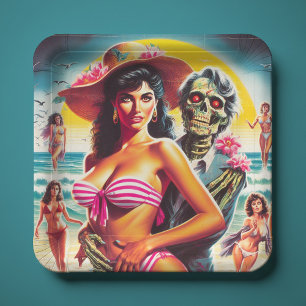 Assiettes En Carton Fille zombie de plage effrayante