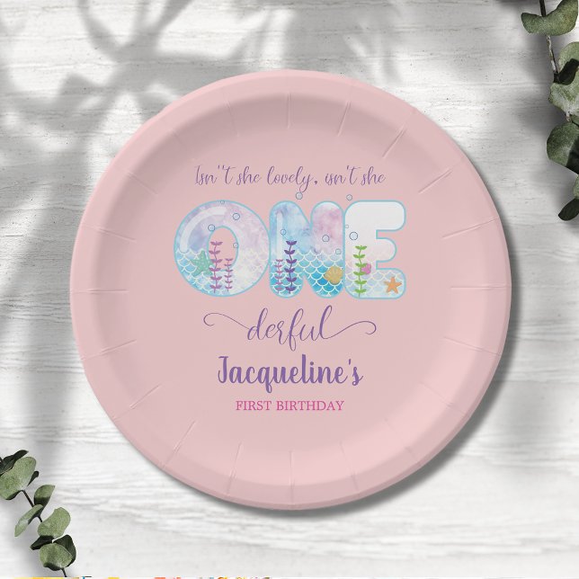 Assiettes En Carton Filles 1er Anniversaire ONEderful Pretty Rose (Under the sea girls 1st birthday  party paper plate. Easy to personalize.)