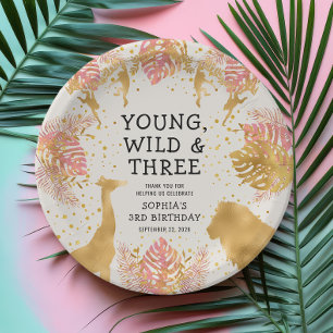 Assiettes En Carton Filles 3e anniversaire fête Pink Gold Ecru Safari