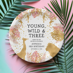 Assiettes En Carton Filles 3e anniversaire fête Pink Gold Safari