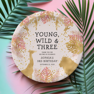 Assiettes En Carton Filles 3e anniversaire fête Pink Gold Safari