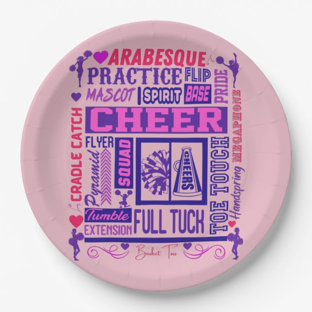 Assiettes En Carton Filles Cheerleader rose et violet Word Art (Devant)