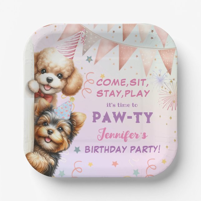 Assiettes En Carton Filles Chiot Lit Pawty Plaque de papier d'annivers (Recto)