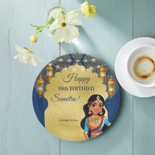 Assiettes En Carton Filles de style indien fête d'anniversaire imprimé (Indian style girls birthday party printed template paper plates personalized table decor blue gold)