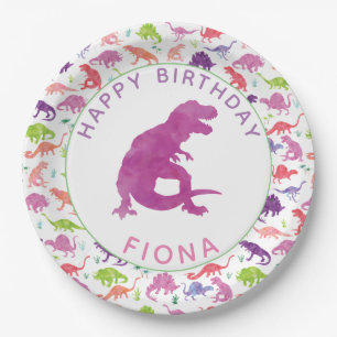 Assiettes En Carton Filles Dinosaur fête d'anniversaire Personnalisée