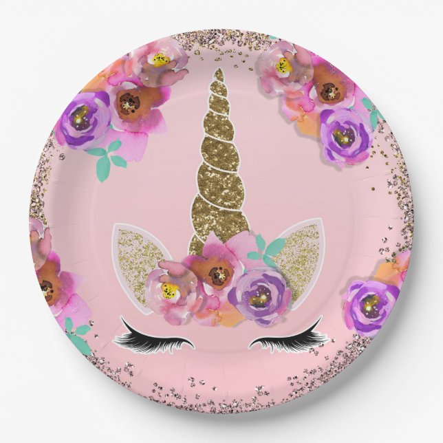 Assiettes En Carton Filles Floral & Gold Parties scintillant Unicorn f (Devant)