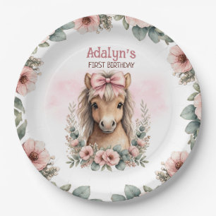 Assiettes En Carton Filles Mignon Cheval Floral Rose 1er Anniversaire