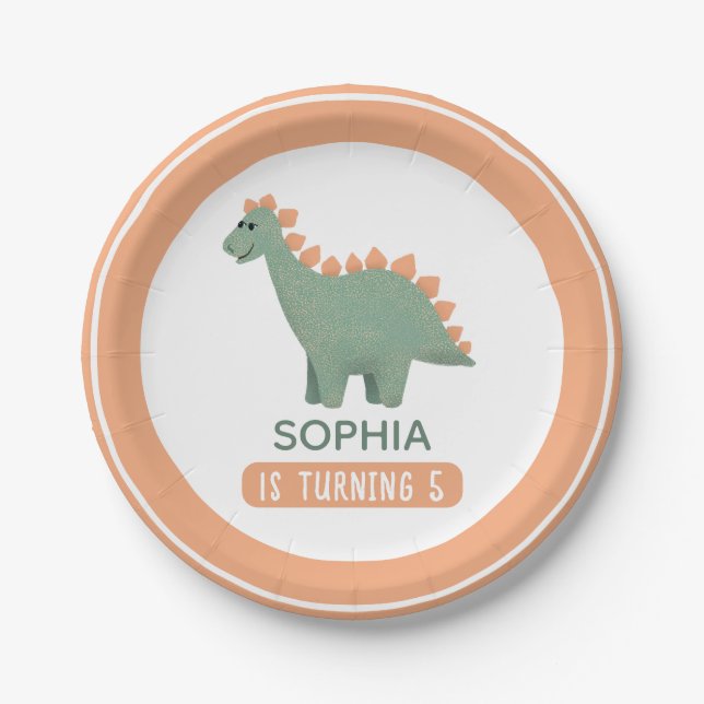 Assiettes En Carton Filles mignonne Anniversaire de enfant dinosaure r (Devant)