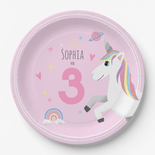Assiettes En Carton Filles mignonnes et fille rose Unicorne Anniversai (Devant)