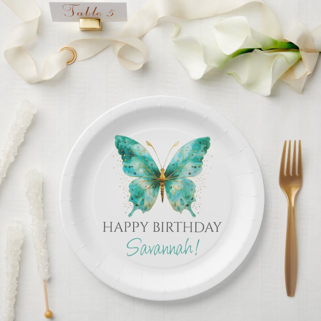 Assiettes En Carton Filles mignonnes papillon vert Turquoise 1er anniv (Mariage)