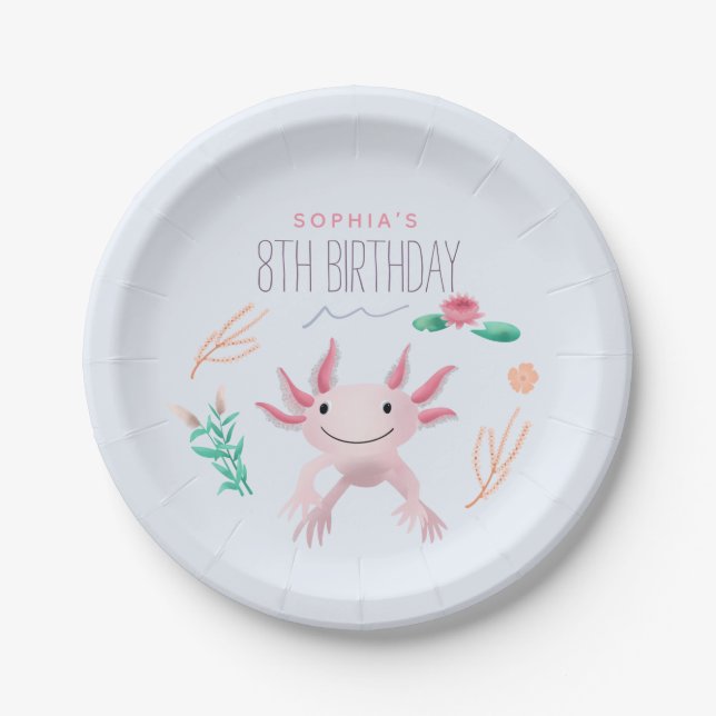 Assiettes En Carton Filles mignonnes rose Kawaii Axolotl Anniversaire (Devant)