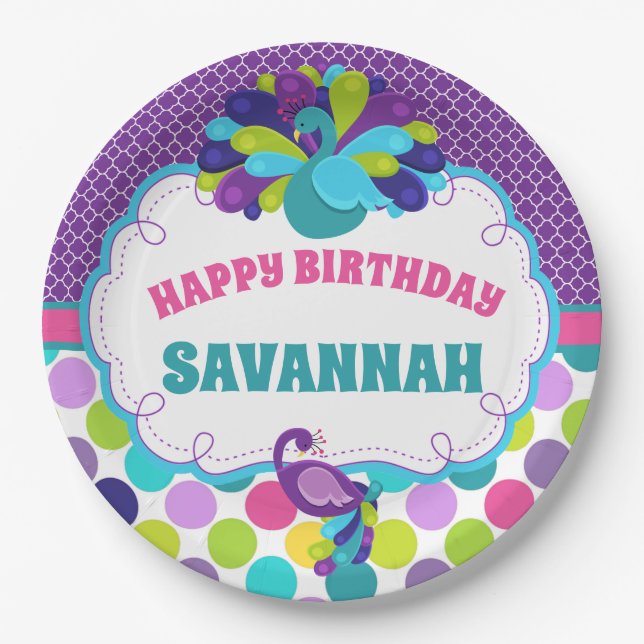 Assiettes En Carton Filles Peacock Bonne fête d'anniversaire Personnal (Devant)