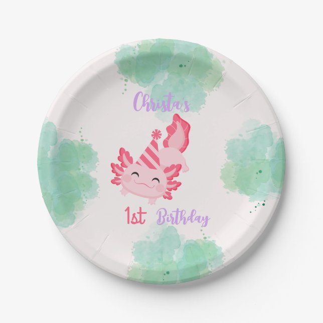 Assiettes En Carton Filles Pink Axolotl 1er Anniversaire Invitation (Devant)