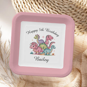 Assiettes En Carton Filles roses Anniversaire Dinosaure