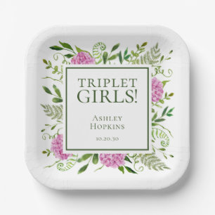 Assiettes En Carton Filles Triplées Fleurs d'Hydrange Rose Baby Shower