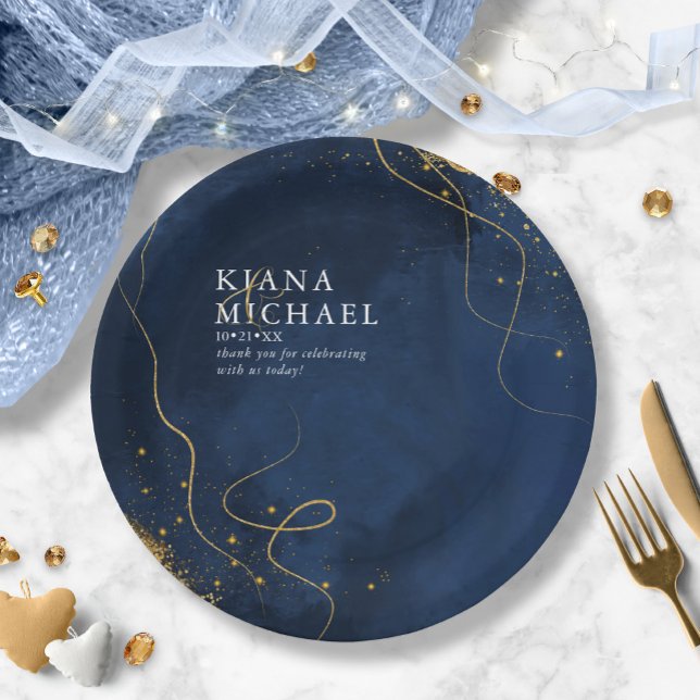 Assiettes En Carton Fine Lines Gold Abstrait Mariage V1 Navy ID867 (Créateur téléchargé)