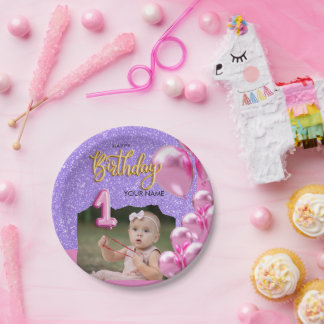 Assiettes En Carton First Birthday Baby Girl Photo Design
