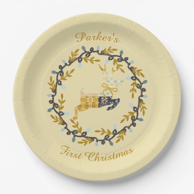 Assiettes En Carton First Christmas Deer with Wreath Soft Yellow  (Devant)