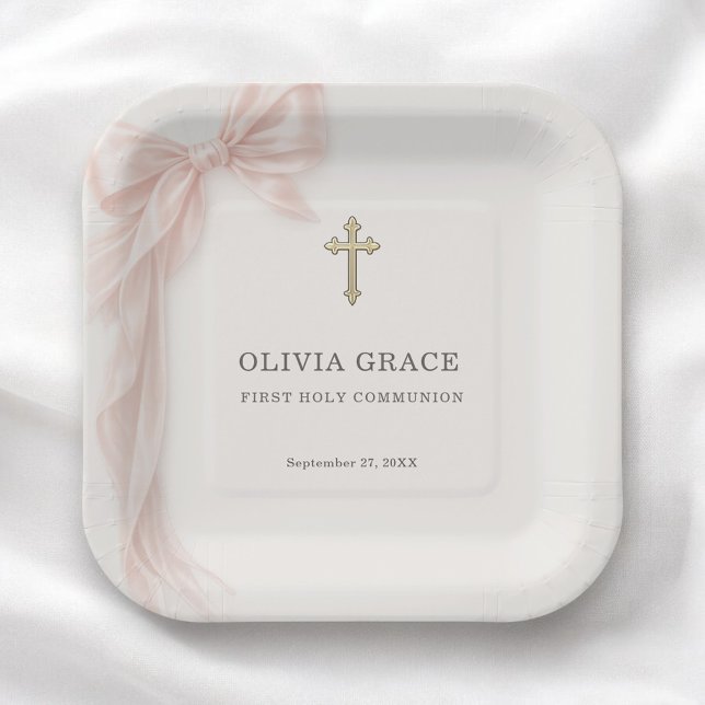 Assiettes En Carton First Holy Communion Pink Coquette Bow Girl  (Créateur téléchargé)