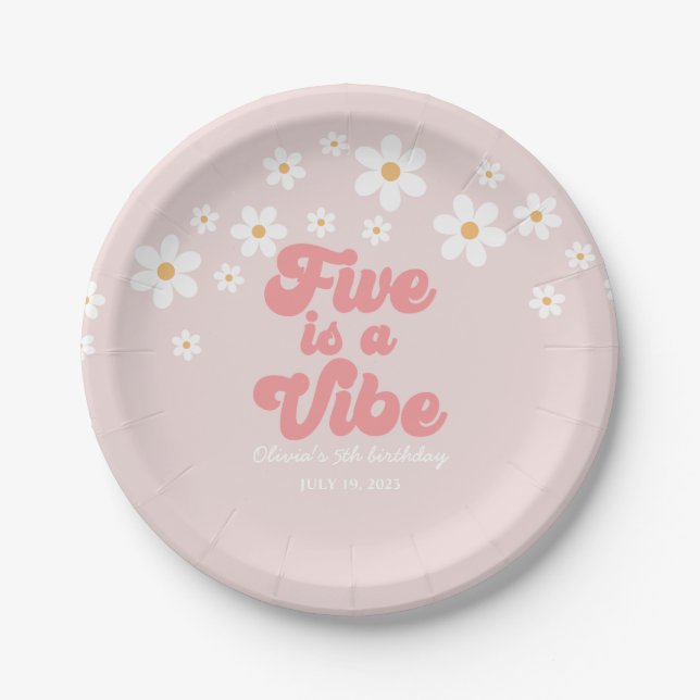 Assiettes En Carton Five est Vibe Retro Daisy Pink 5e anniversaire (Devant)