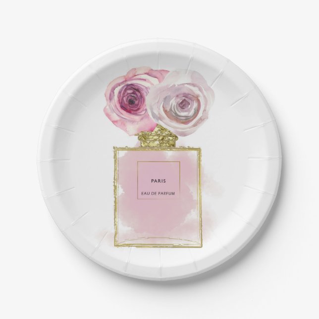 Assiettes En Carton Flacon de parfum Floral Fashion Roses roses doré G (Devant)