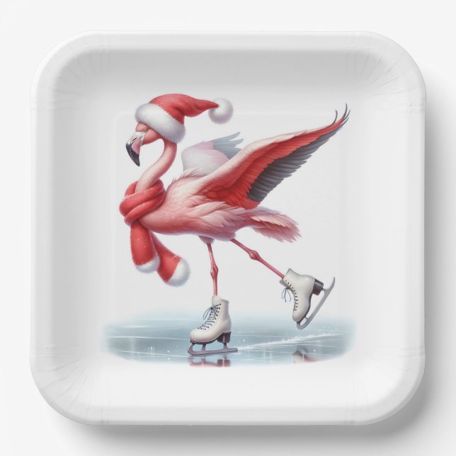 Assiettes En Carton Flamant rose de Noël Patinage sur glace (Recto)