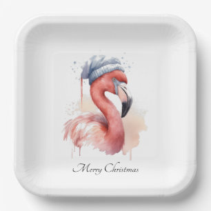 Assiettes En Carton Flamant rose de Noël, personnalisable