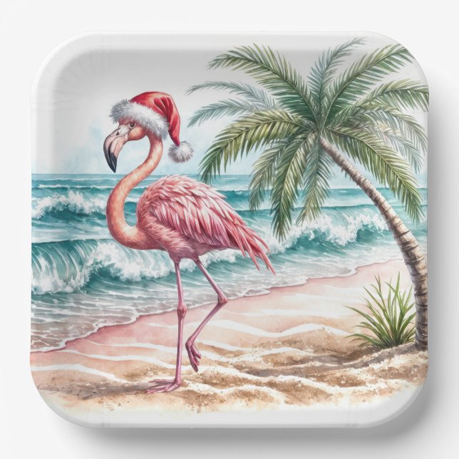 Assiettes En Carton Flamant rose de Noël sur une plage (Recto)